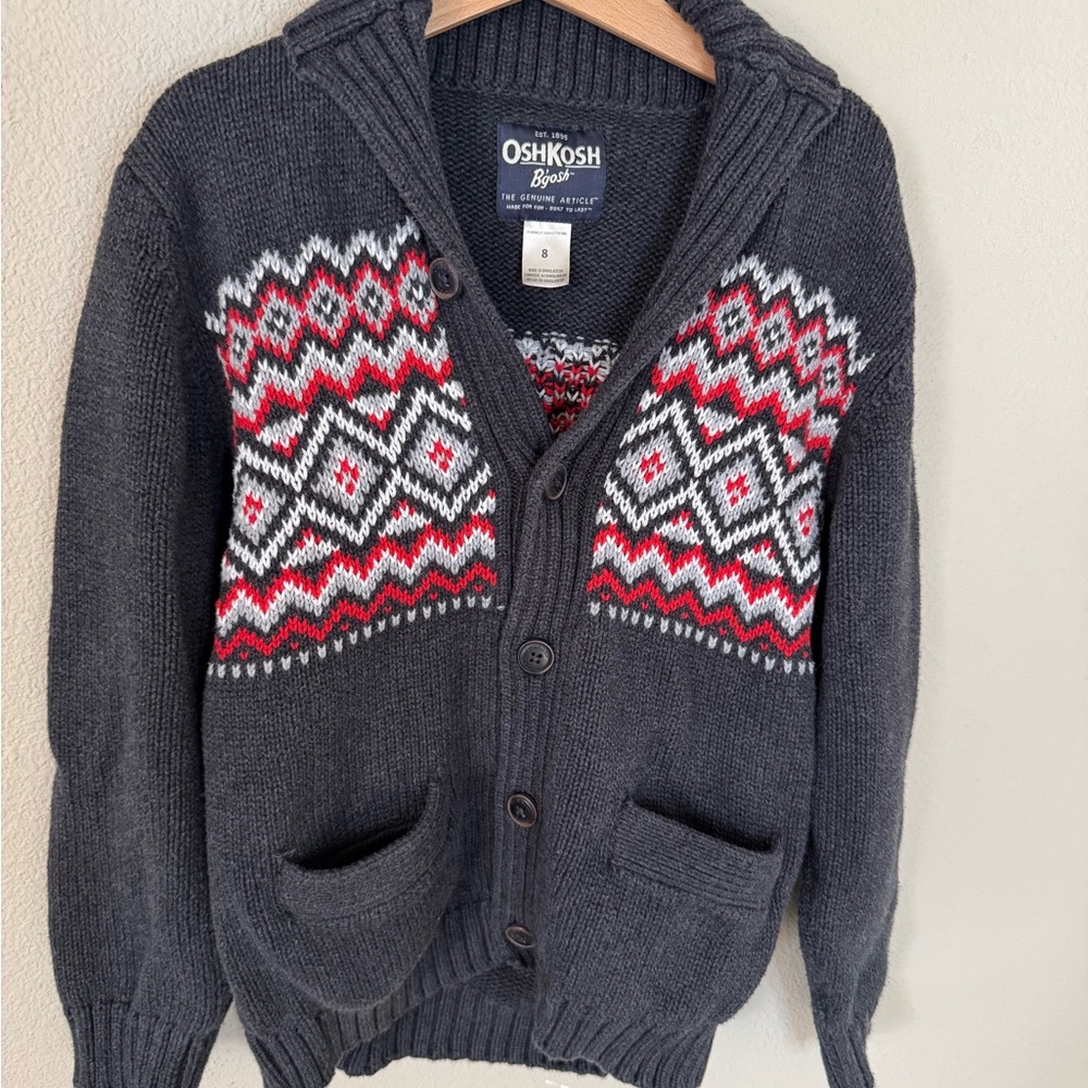OshKosh B’gosh Boys Size 8 Fair Isle Cardigan Gray Red Nordic Button Sweater